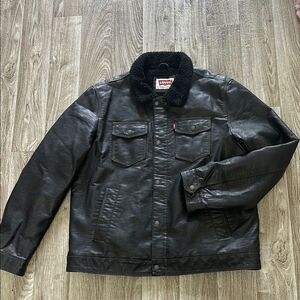 Levi's Black Faux Leather Sherpa Lining Trucker Jacket L